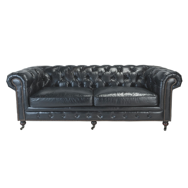 Canapé 3 places en cuir pleine fleur noir CHESTERFIELD